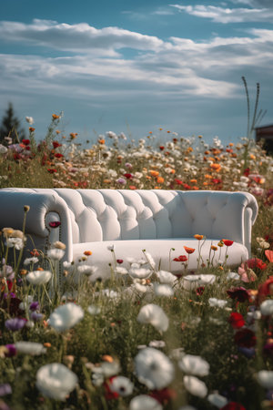 White sofa in the field of poppies and daisiesの素材