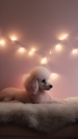 Poodle with Christmas lights on pink background. Christmas and New Year conceptの素材