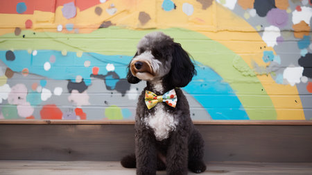 Portrait of a black poodle with bow tie on the background of a colorful wallの素材