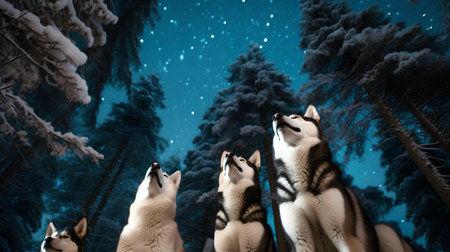 Siberian husky dogs in winter forest. 3D renderingの素材