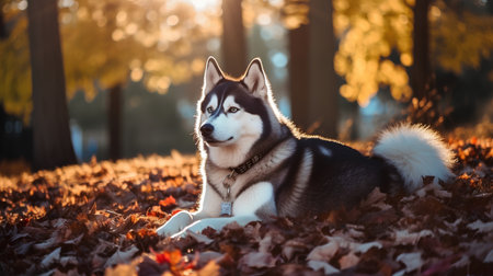 Siberian Husky dog lying in autumn leaves at sunset.の素材