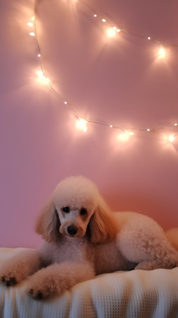 Cute poodle lying on bed with garland lights on backgroundの素材
