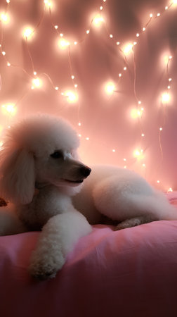 White poodle in bed with garland lights on the background.の素材