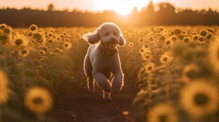 Dog running on a field of sunflowers at sunset. Selective focus.の素材