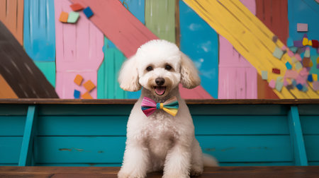 White dog with a bow tie sitting on a wooden table in front of a colorful backgroundの素材