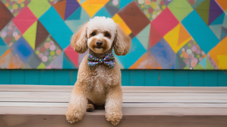 Cute poodle puppy with bow tie sitting in front of colorful backgroundの素材