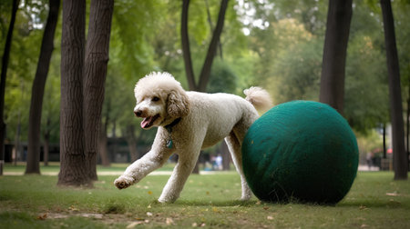 A white poodle is playing with a ball in the park.の素材