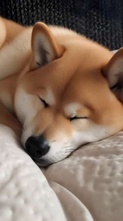 Beautiful Shiba Inu dog sleeping on bed, closeupの素材