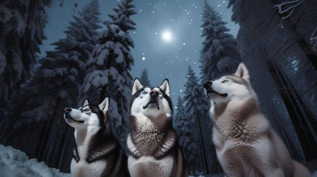 Three siberian husky dogs in the winter forest at nightの素材