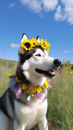 Siberian Husky with a wreath of flowers on the head.の素材