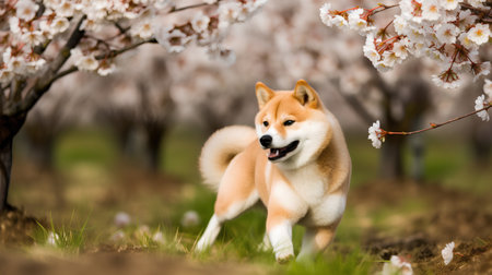 Shiba inu dog on the background of blooming cherry treesの素材
