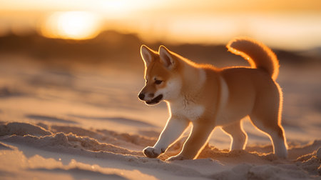 Shiba inu dog walking on the sand at sunset. Japanese dogの素材