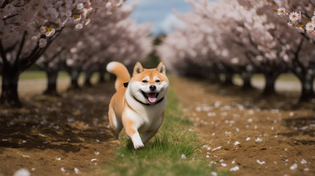 Shiba inu dog running in blooming sakura garden.の素材