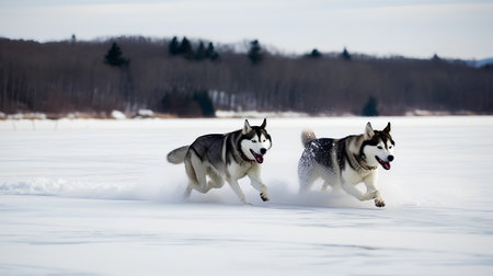 Siberian husky dogs running on the frozen lake in winterの素材