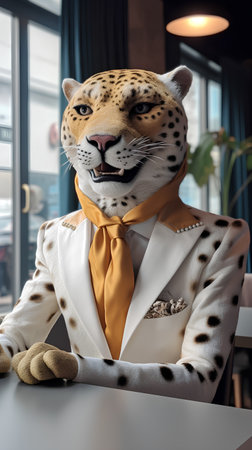 Portrait of a leopard in a cafe. 3d renderingの素材
