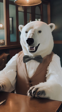 Portrait of a polar bear with bow tie sitting at the tableの素材
