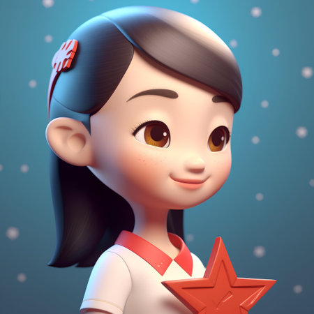 Cute cartoon girl with star on blue background. 3d renderingの素材