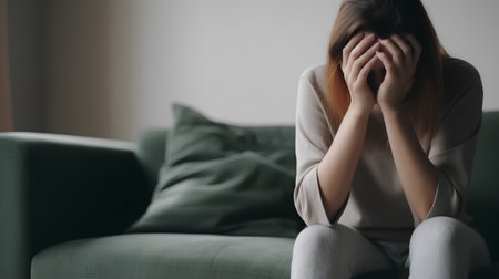 Depressed young woman sitting on sofa in the living room at homeの素材