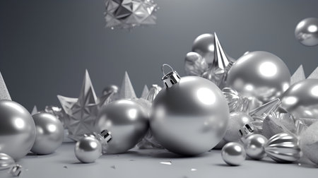 3d render of silver christmas baubles and tinselの素材