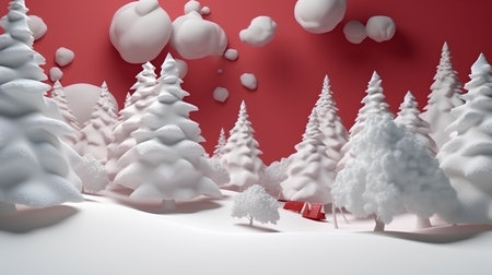 Winter landscape with snow covered trees and red bench 3D renderの素材