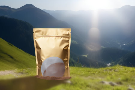 Coffee bag in the mountains. 3d rendering mock upの素材