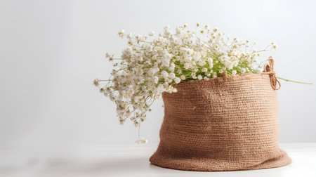 Bouquet of gypsophila flowers in a burlap bagの素材
