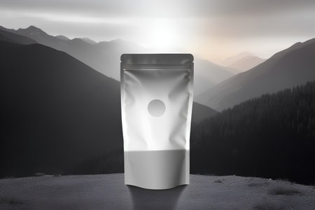 Mockup of a plastic package on a background of mountain landscape.の素材