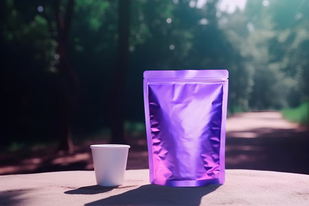 plastic bag and cup of coffee on the sand in the parkの素材