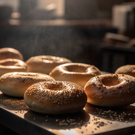 Freshly baked bagels with sesame seeds on a kitchen counter.の素材