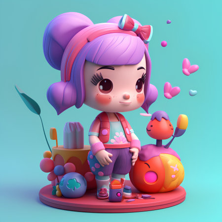 3D Render of a Cute Cartoon Girl with Colorful Flowersの素材