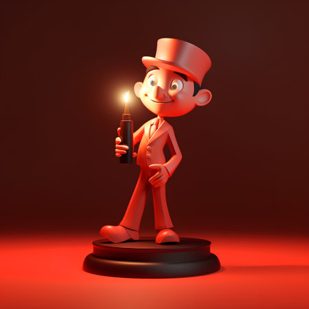 Cartoon man with burning candle. 3d illustration. Red background.の素材