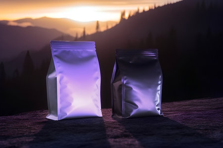 Coffee bag in the mountains at sunset. 3d renderingの素材