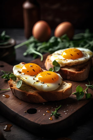 Fried eggs on toasted baguette with arugulaの素材
