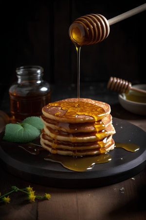 Pancakes with honey on a wooden background. Selective focus.の素材