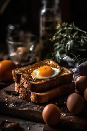 Breakfast with fried egg on a slice of bread, selective focusの素材