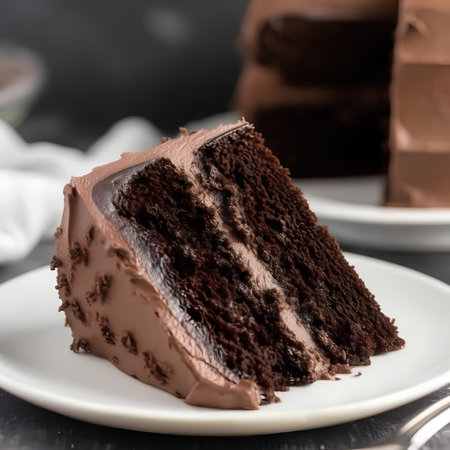 Chocolate cake on white plate, selective focus, close-upの素材