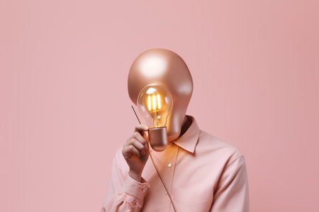 Idea concept. Human head with light bulb instead of head on pink backgroundの素材