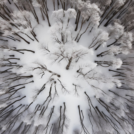 Top view of trees covered with hoarfrost in winter forest.の素材