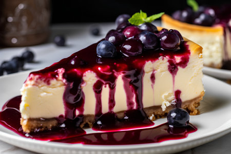 Cheesecake with berry sauce on a white plate. Selective focus.の素材