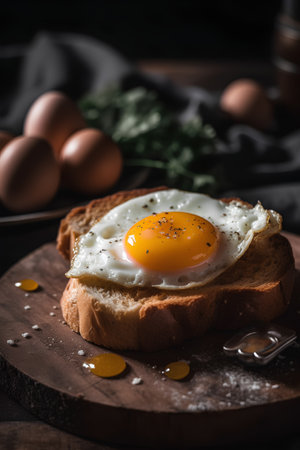 Fried egg on toast bread. Dark background. Selective focus.の素材