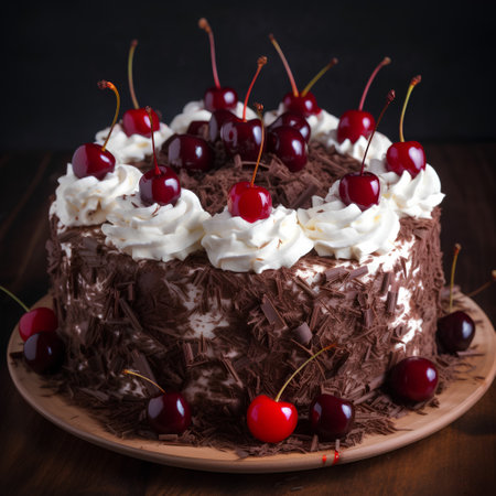Chocolate cake with whipped cream and cherries on a wooden backgroundの素材