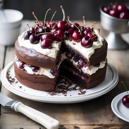 Chocolate cake with cherries and whipped cream on wooden table, selective focusの素材
