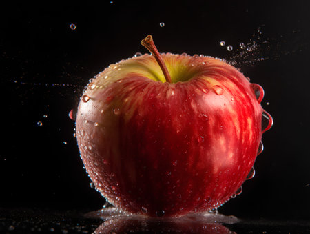 Red apple with water drops on a black background. Shallow depth of field.の素材