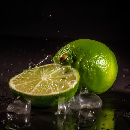 Lime with ice cubes on a black background with water drops.の素材