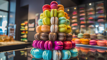 Colorful macaroons stacked on top of each other in a shop windowの素材