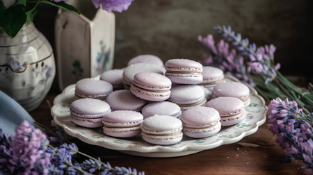 French macaroons with lavender flowers on a rustic backgroundの素材