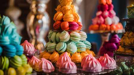 Multicolored macaroons in a glass vase on the tableの素材