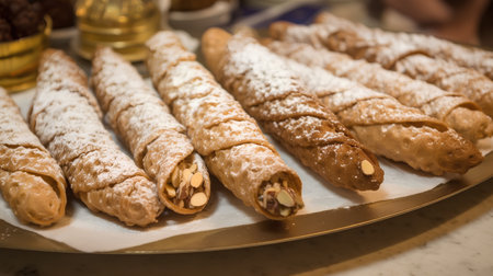 Close-up of a group of traditional Italian cannoli with almondsの素材