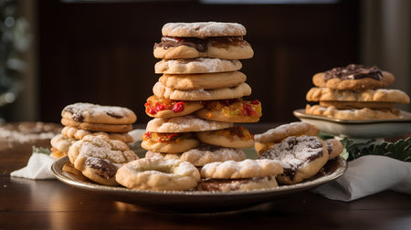 Pile of cookies with jam and icing sugar on a wooden tableの素材