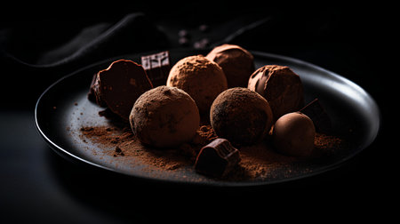Chocolate truffles with cocoa powder on black background. Toned.の素材